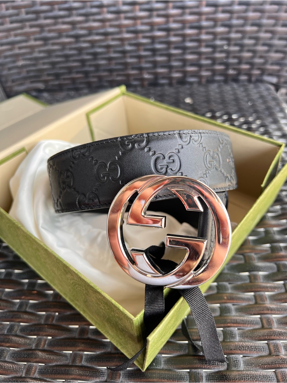 ✨Original Gucci Black Embossed GG Leather Belt with Silver Interlocking G Buckle
